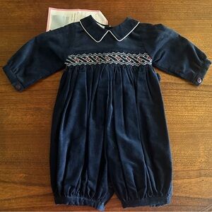 NWT Sophie Dress Navy Blue Corduroy Smocked Romper Longall Sz 3M